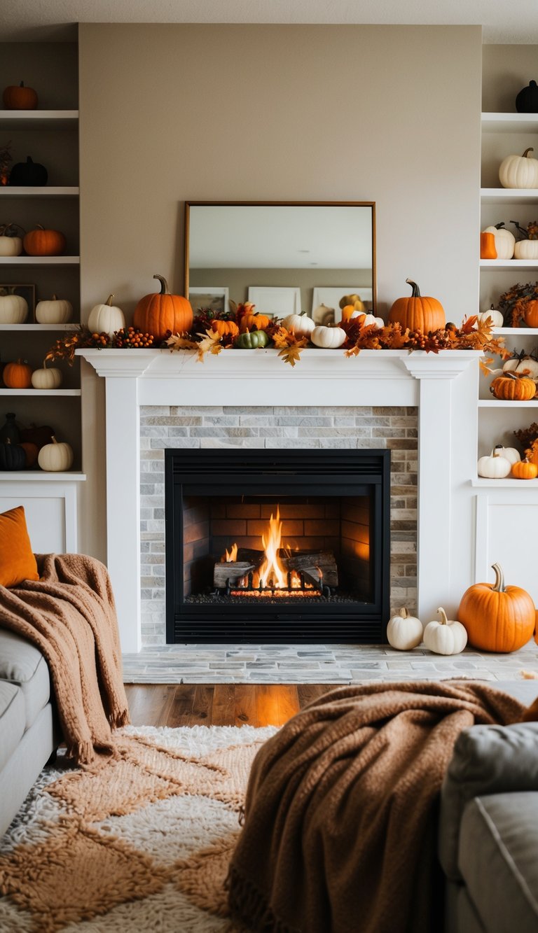 A warm living room with a crackling fireplace, plush blankets, and shelves filled with autumn-themed decor like pumpkins and fall foliage