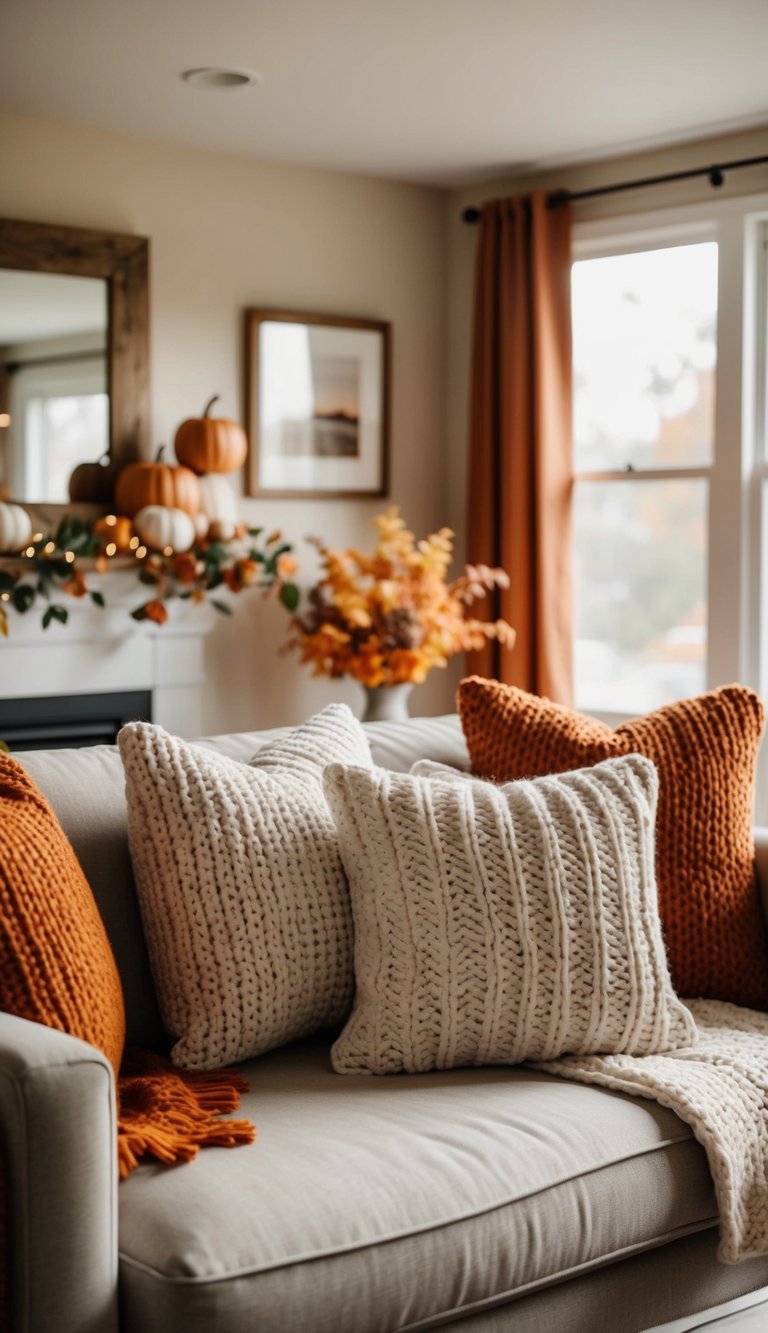 A cozy living room with chunky knit pillow covers on a comfy sofa, surrounded by warm autumn decor and soft lighting