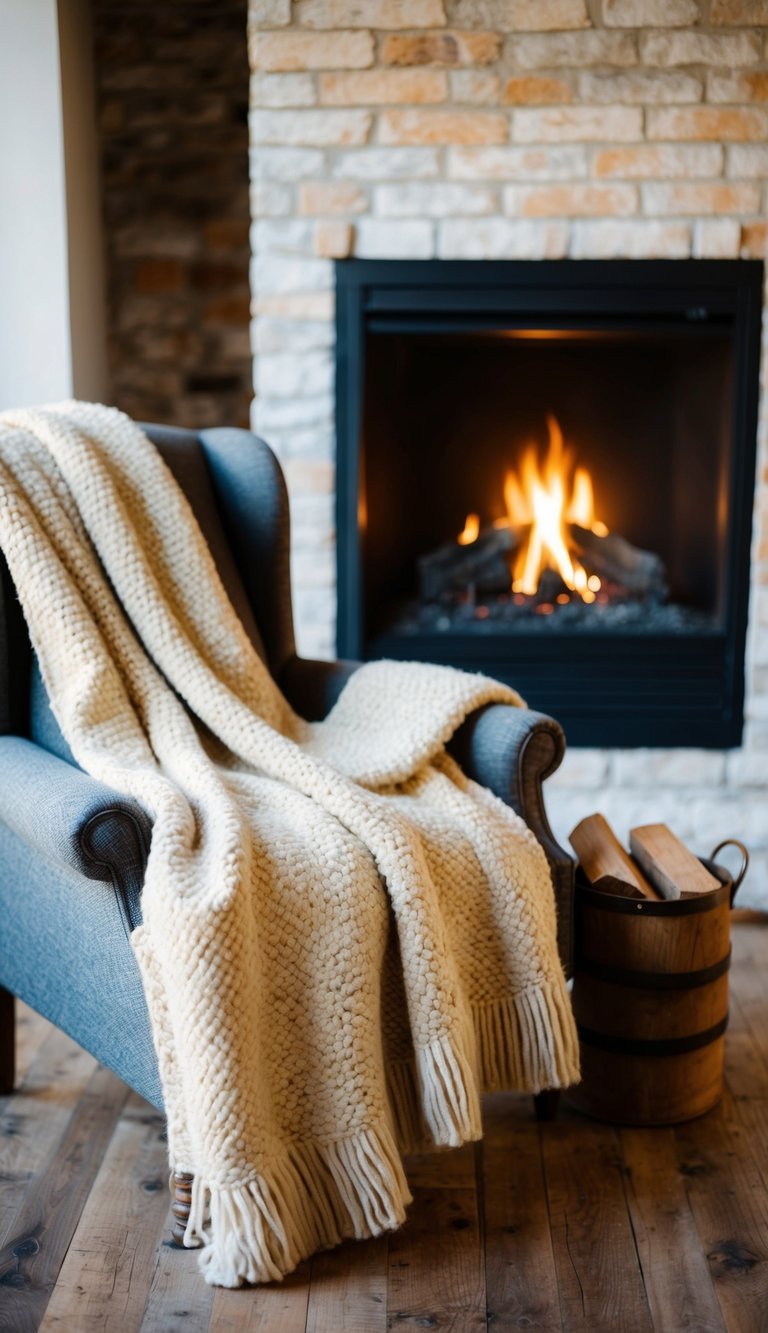 A warm, snuggly wool throw blanket draped over a rustic armchair next to a crackling fireplace