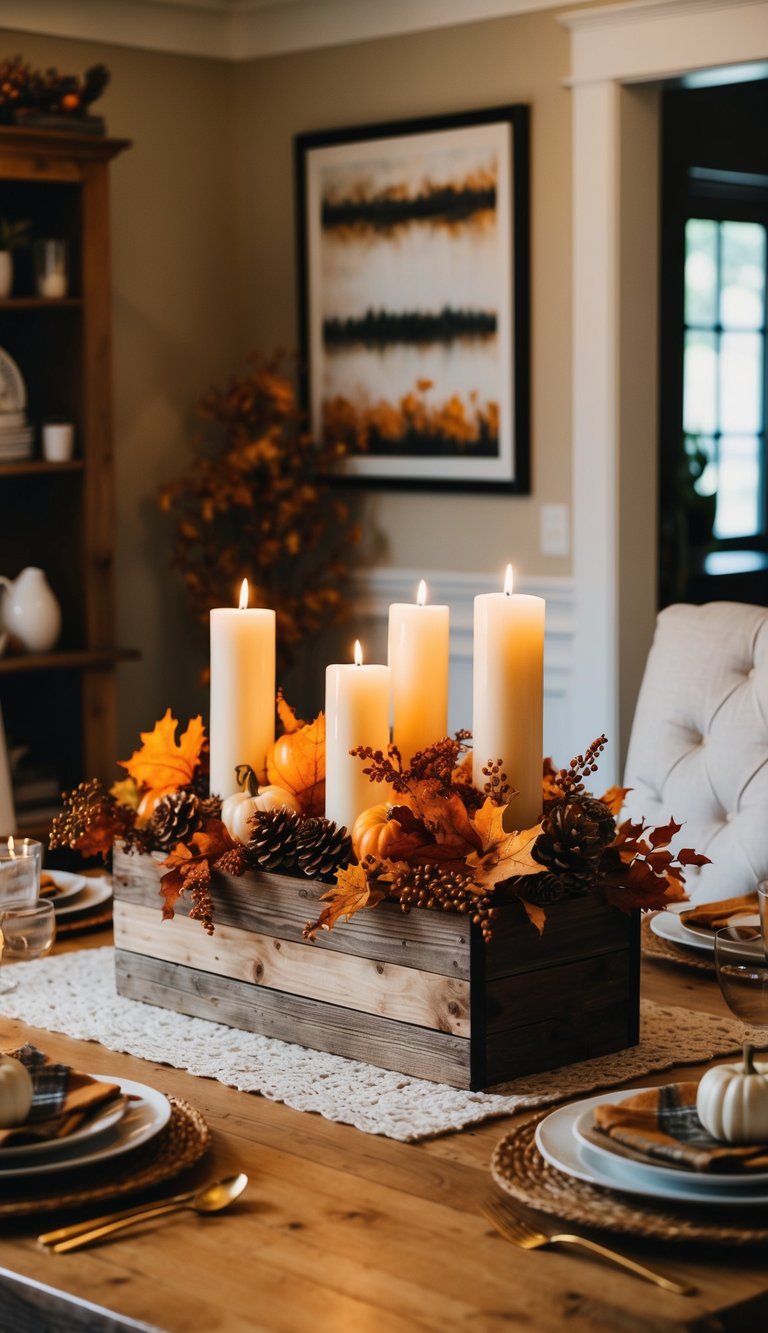 A rustic wooden centerpiece adorned with autumn foliage and candles sits on a cozy table in a warm, inviting home