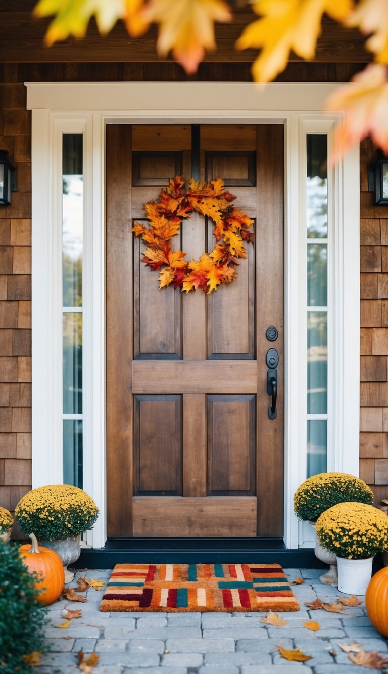 A rustic wooden front door with a colorful autumn-themed doormat and a scattering of fallen leaves