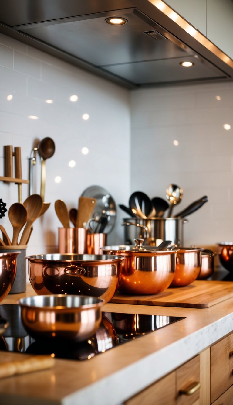 A kitchen counter with copper mixing bowls, utensils, and cookware arranged in various ways