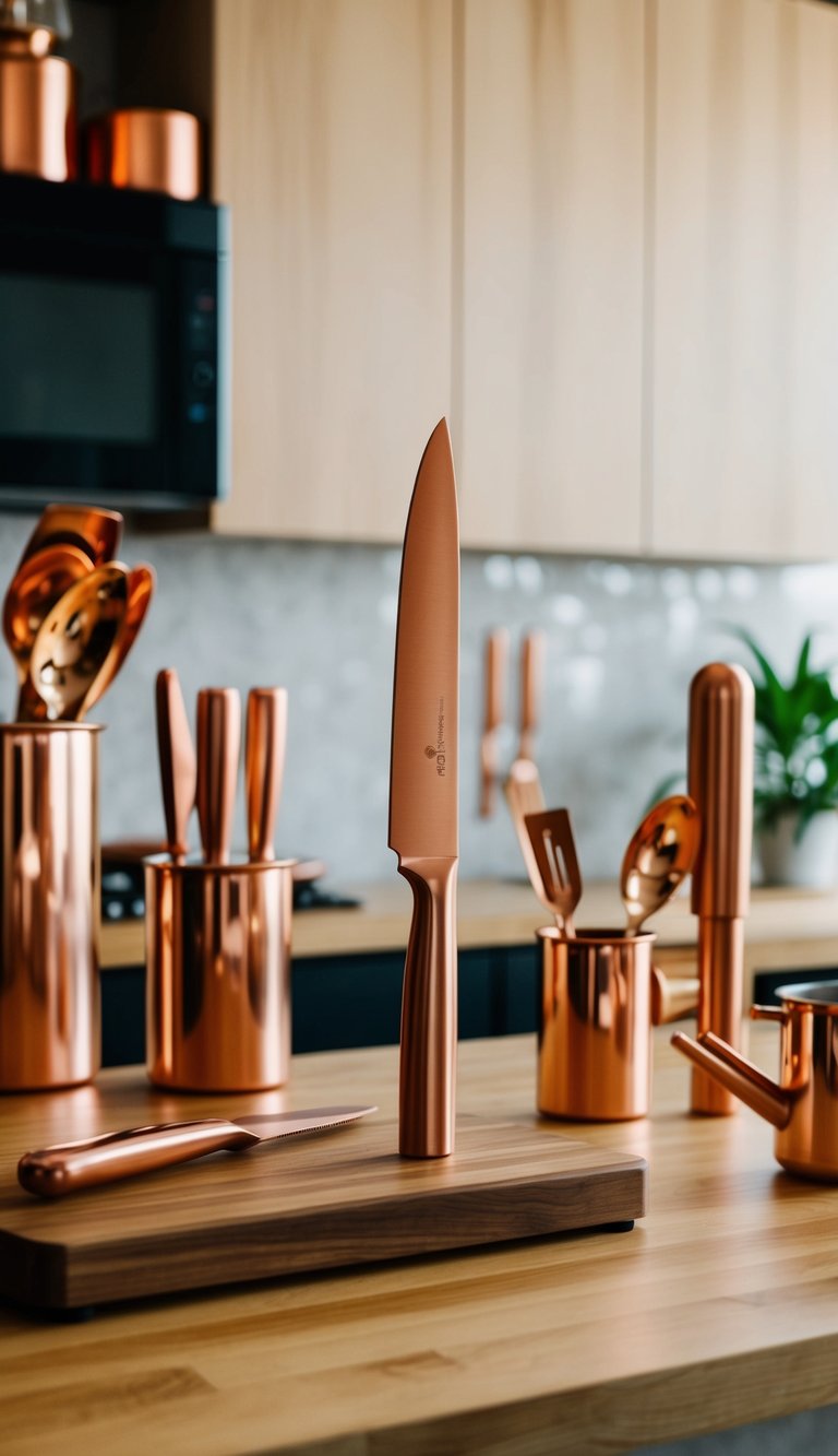 A sleek copper knife set displayed on a wooden countertop with various copper kitchen items integrated into the scene