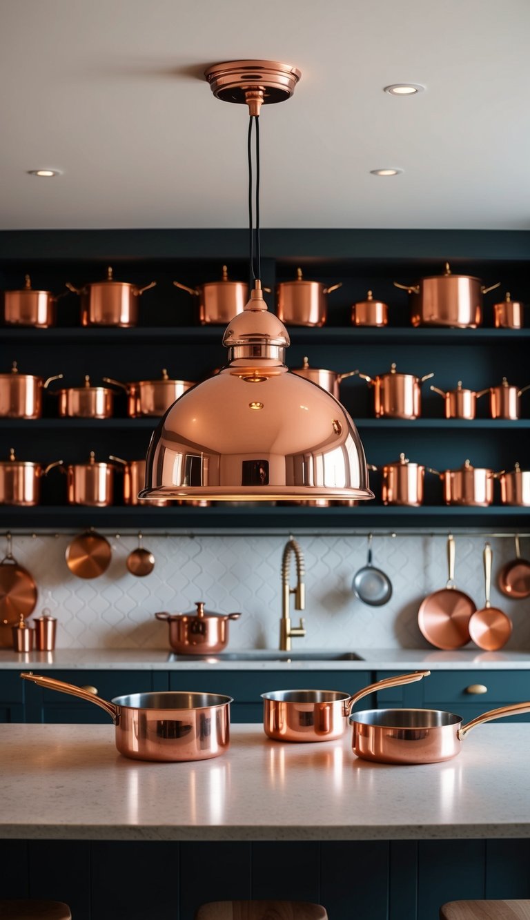 Copper pendant lights hanging above a kitchen island with copper pots and pans displayed on open shelves