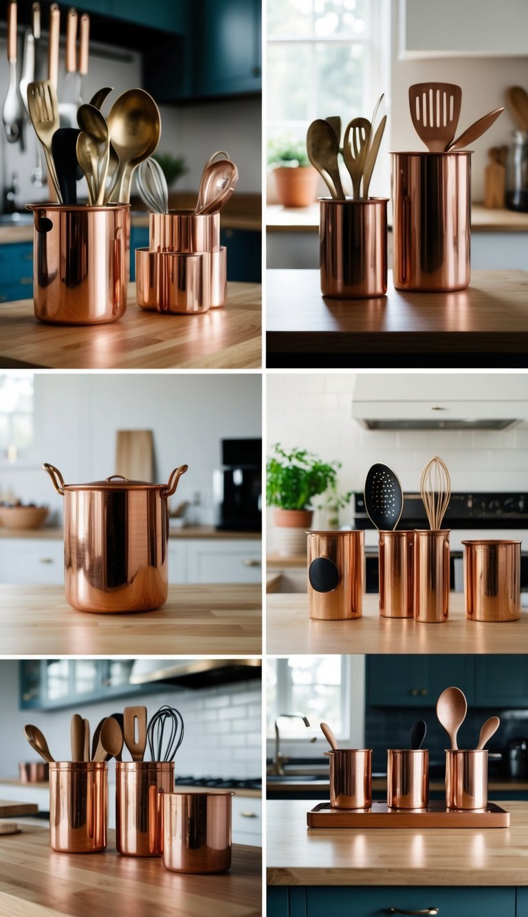 A kitchen scene with various copper items, including a utensil holder, displayed in 10 different ways