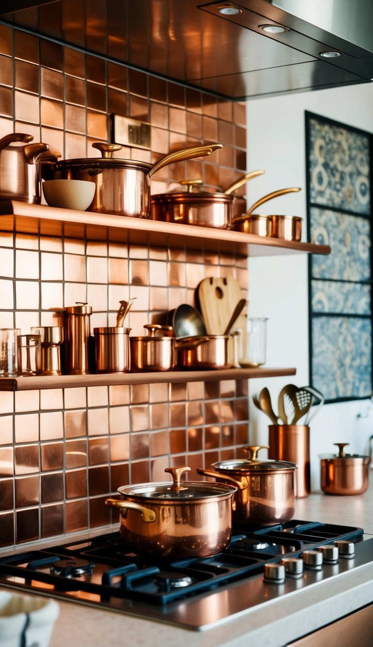 A kitchen with a copper tiled backsplash, featuring copper pots, pans, utensils, and accents throughout the space