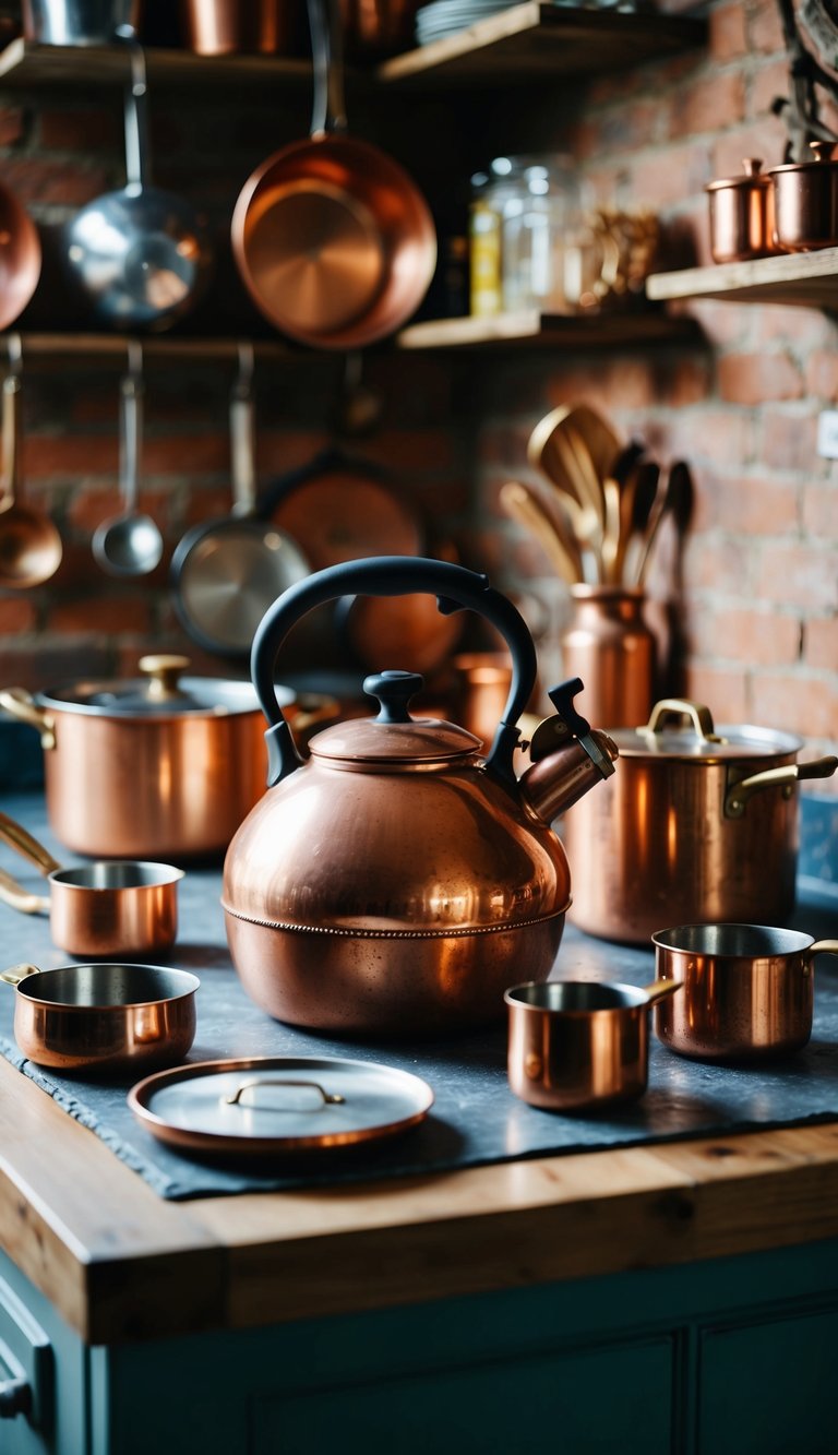 A vintage copper tea kettle sits on a rustic kitchen counter surrounded by copper pots, pans, utensils, and decor