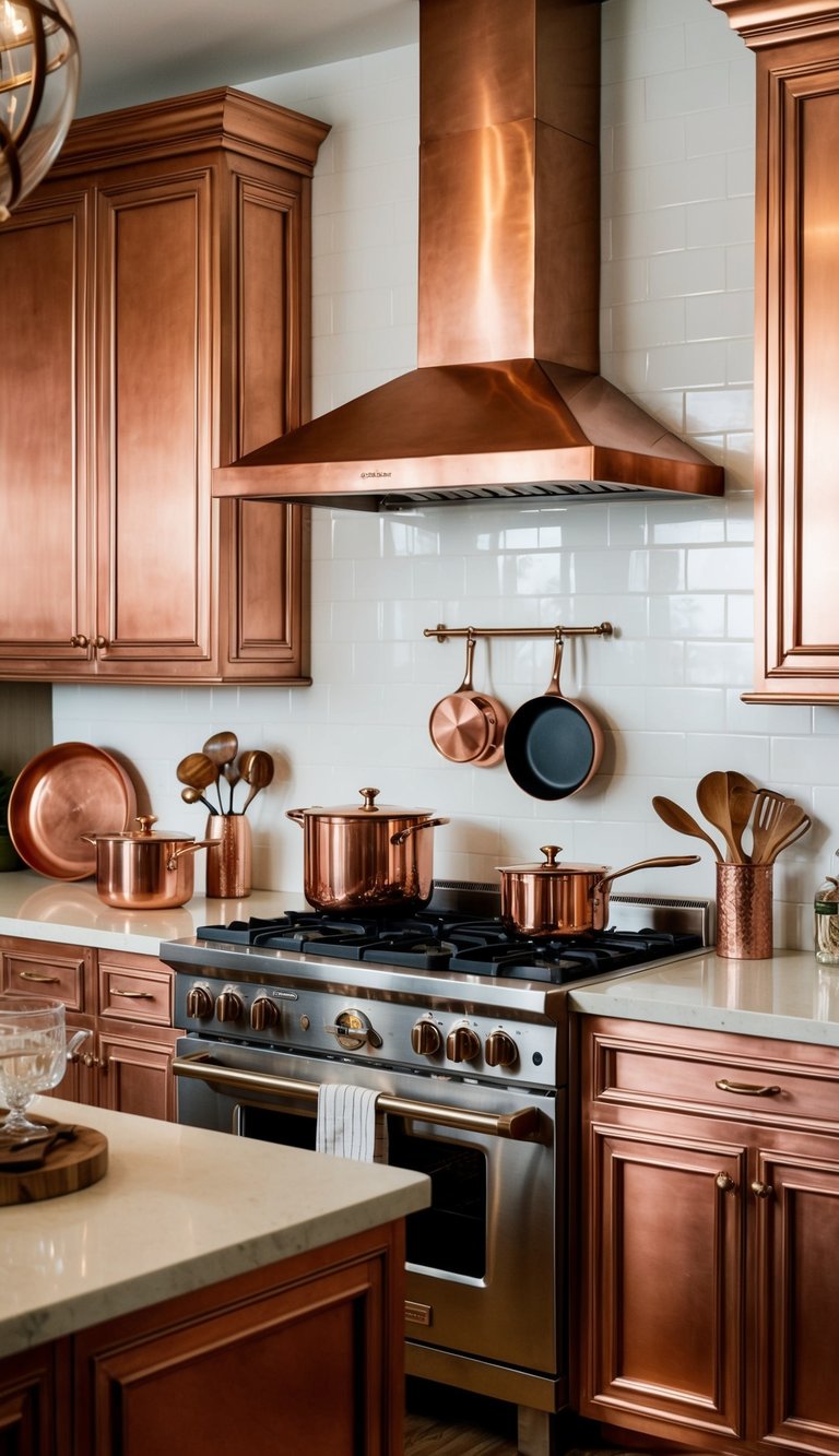 A kitchen with a copper range hood, copper pots and pans, utensils, and decorative items. Copper accents on cabinets and light fixtures