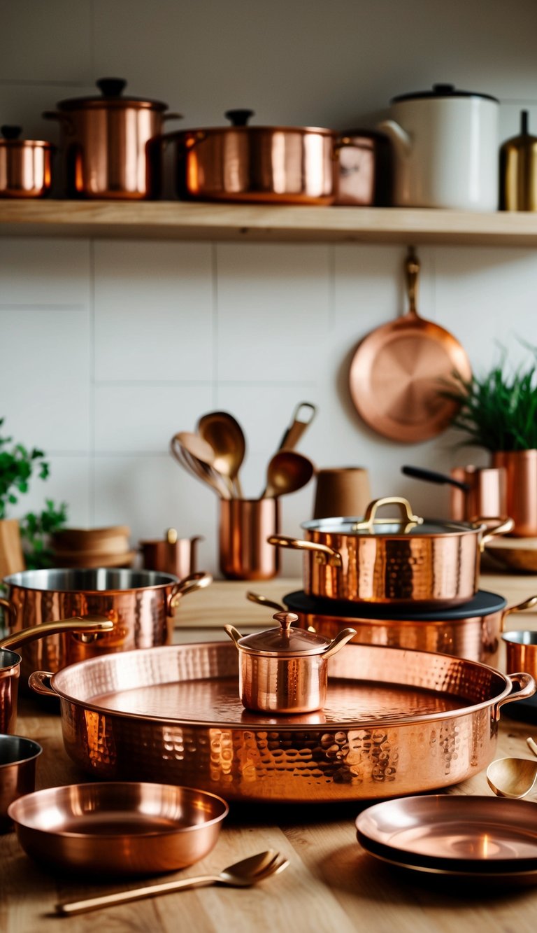 A kitchen scene with a hammered copper serving tray surrounded by various copper kitchen items such as pots, pans, utensils, and decor