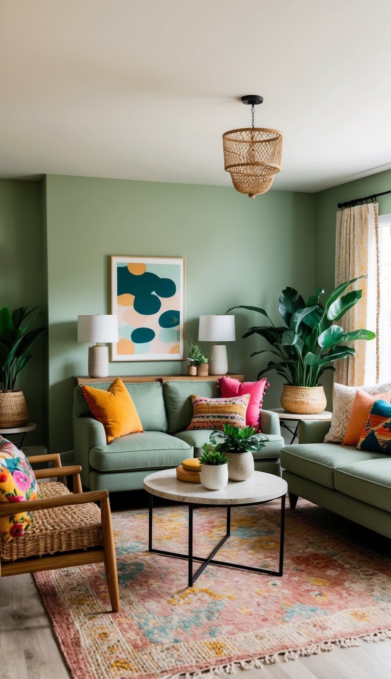 A cozy living room with sage green walls, earthy-toned furniture, and pops of color from vibrant textiles and plants