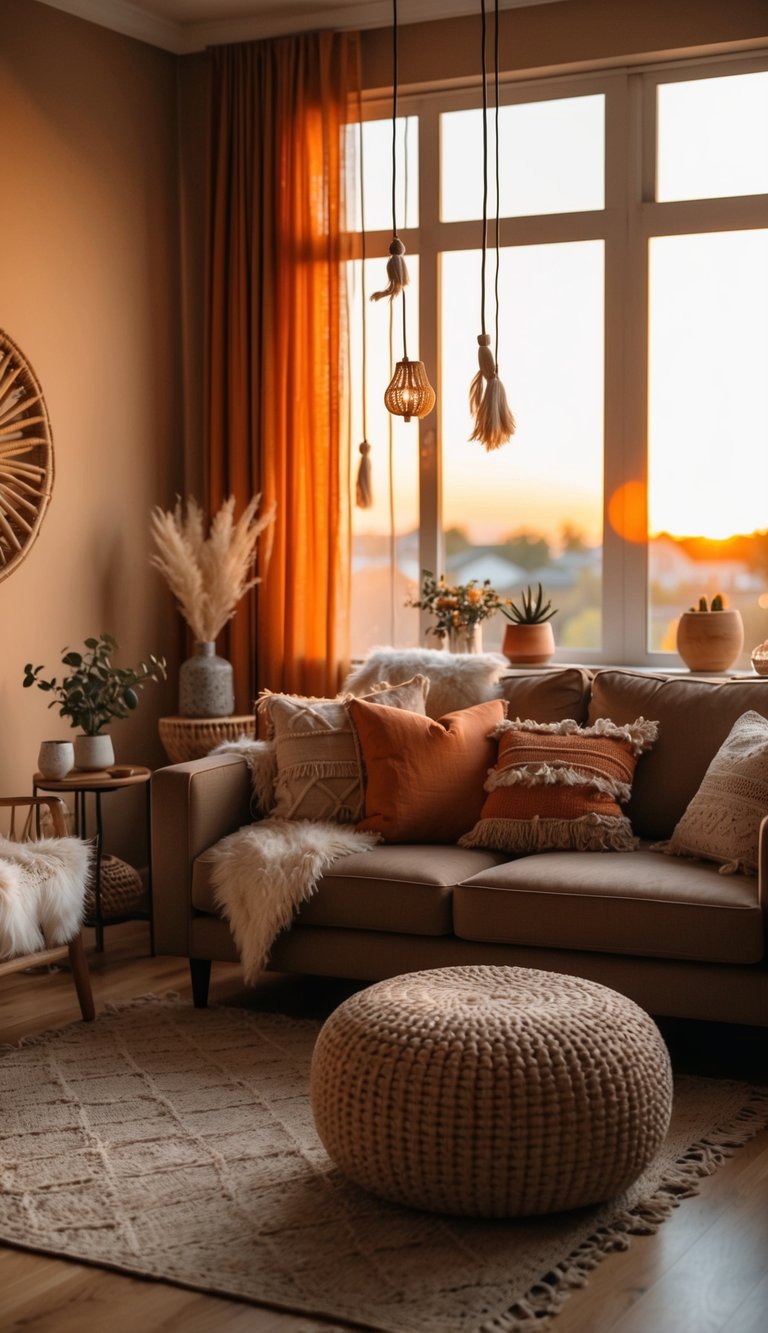 A cozy living room with warm earthy tones, accented with pops of sunset orange and dreamy bohemian decor. A soft glow from the setting sun fills the room, creating a serene and inviting atmosphere