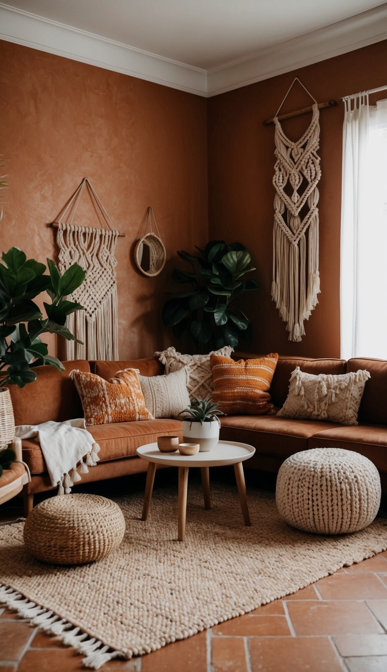 A cozy living room with terracotta walls, woven rugs, and earthy-toned furniture. Plants and macrame hangings add a bohemian touch