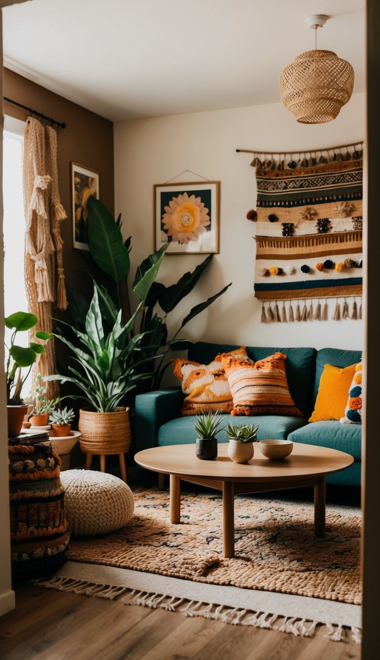 A cozy living room with earthy tones, layered textures, and pops of vibrant colors. Plants, woven rugs, and eclectic artwork create a bohemian vibe