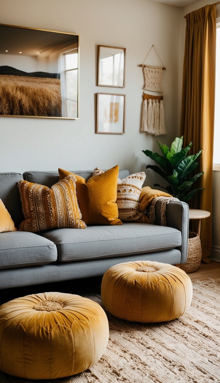 A cozy living room with vintage mustard gold accents, including throw pillows, curtains, and artwork. Warm, earthy tones create a boho atmosphere