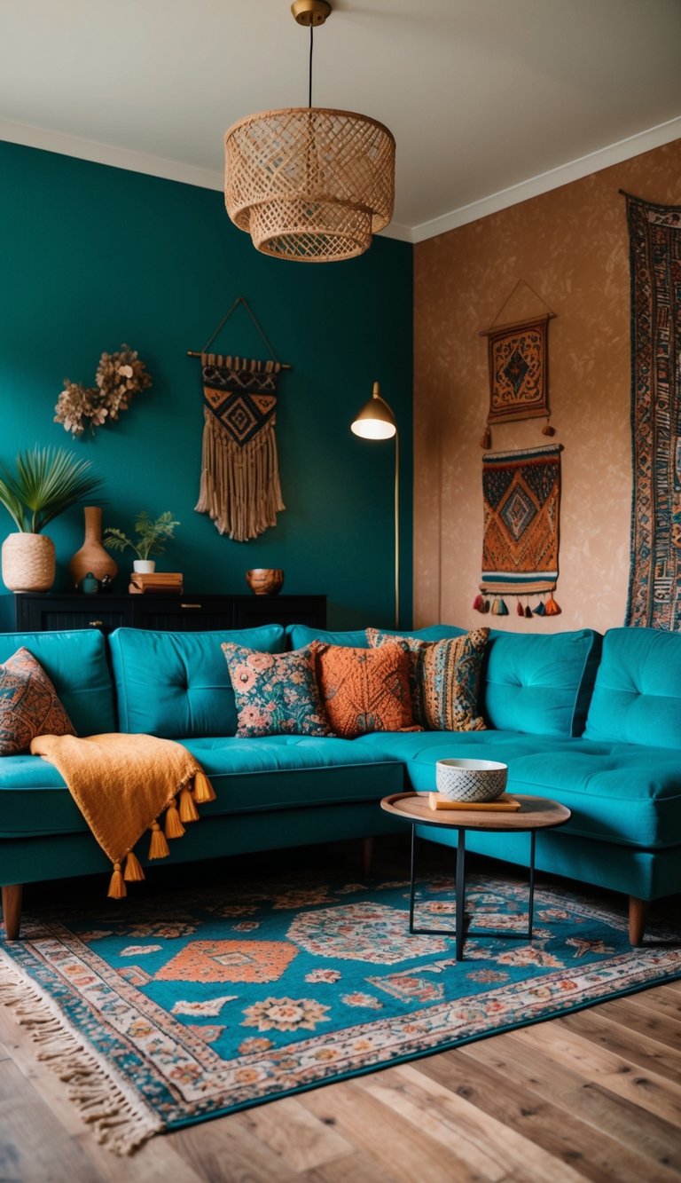 A cozy living room with teal, earthy tones, and vibrant accents. A mix of textures and patterns create a bohemian atmosphere