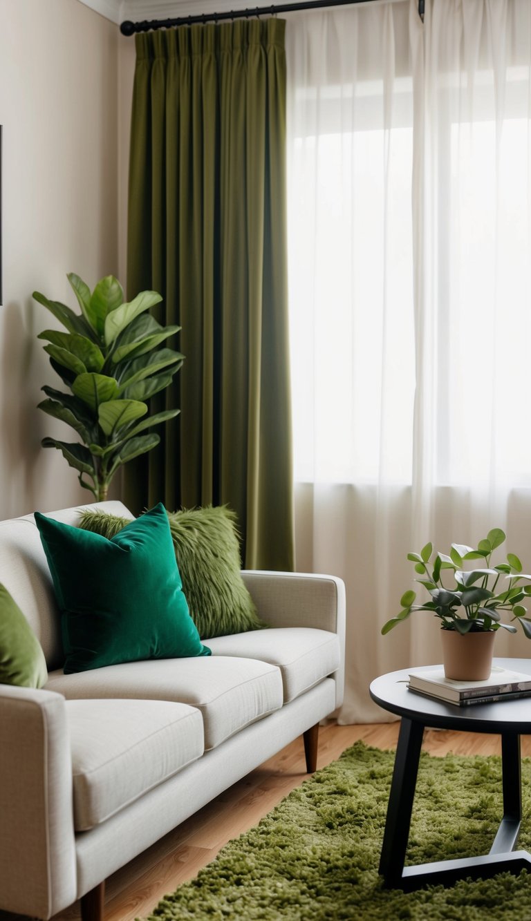 A cozy living room with green accents: a leafy plant, emerald throw pillows, mossy rug, and olive curtains against a neutral backdrop