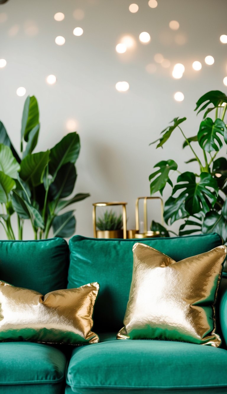 A cozy living room with emerald green and gold accents, featuring a plush green sofa, metallic gold throw pillows, and leafy green plants