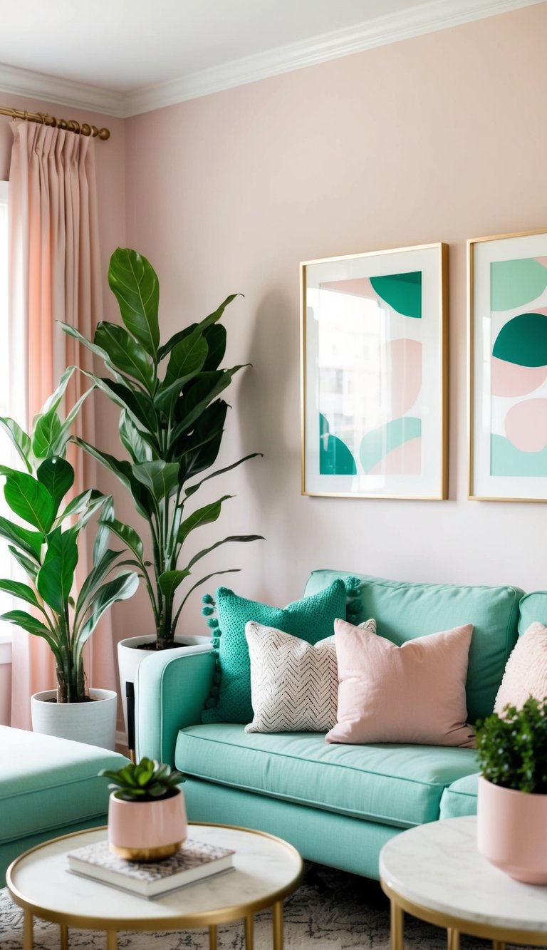 A cozy living room with mint and blush accents, featuring green plants, throw pillows, and artwork in a harmonious 5-color palette