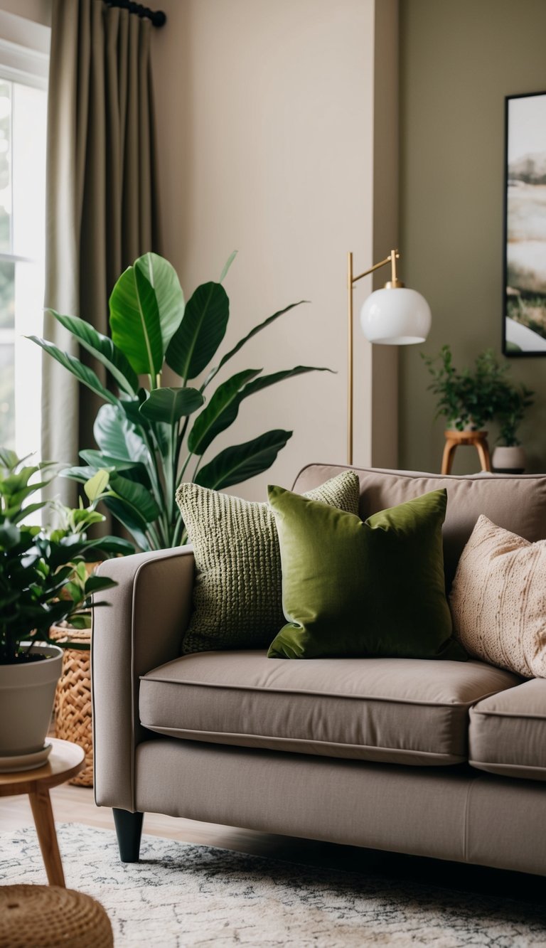 A cozy living room with olive and taupe accents, featuring green throw pillows, potted plants, and a warm, inviting atmosphere