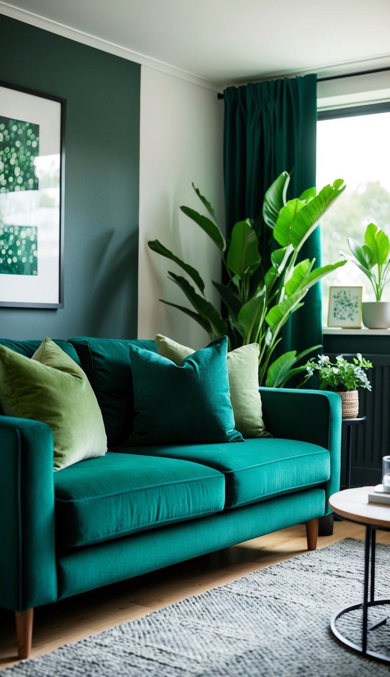 A cozy living room with jade and charcoal accents, featuring green throw pillows, plants, and artwork