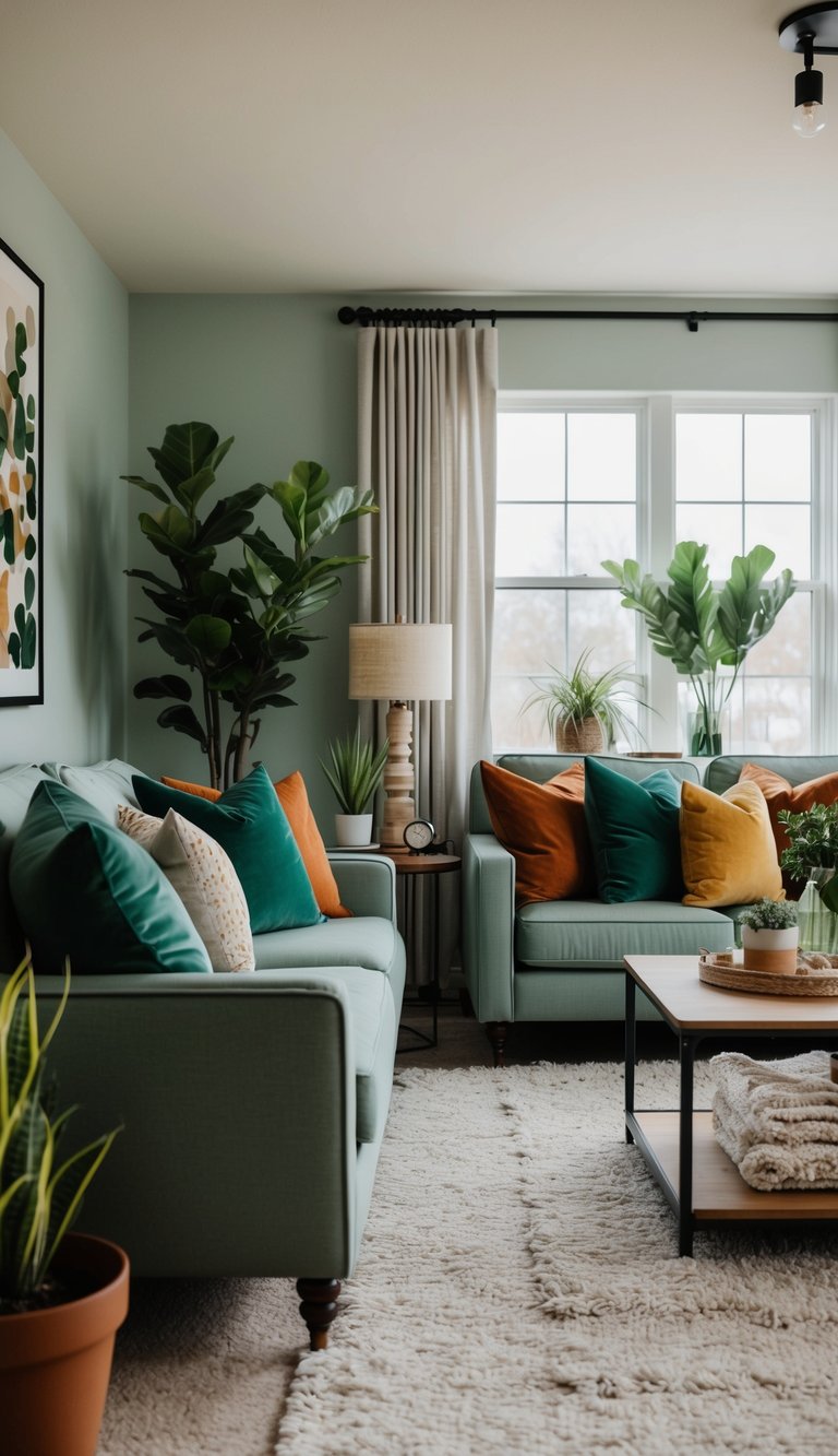 A cozy living room with sage and rust-colored furniture, accented with green throw pillows, plants, and artwork