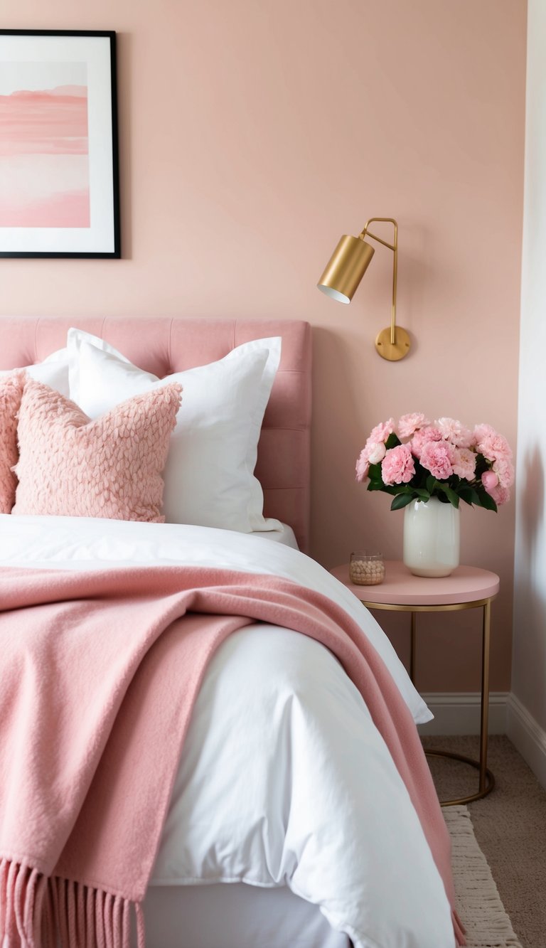 A cozy bedroom with pink accents: a soft pink throw blanket draped over a white bed, a blush pink accent wall, and a vase of pink flowers on a bedside table