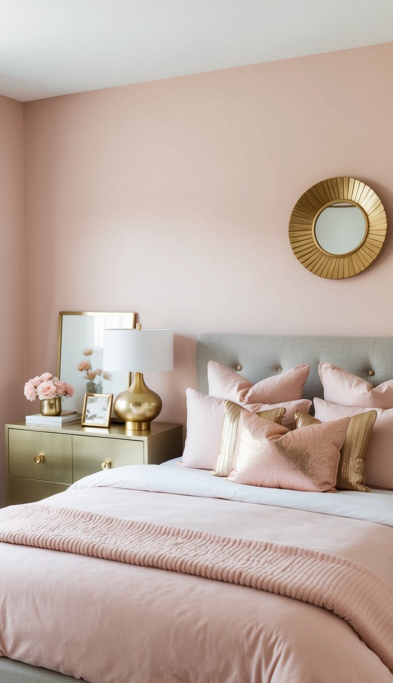 A bedroom with blush and gold accents, featuring soft pink bedding, metallic gold decor, and a blush-colored accent wall