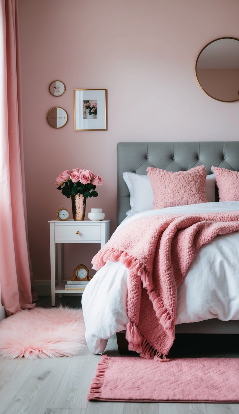 A cozy bedroom with pink accents: a soft pink throw blanket on a fluffy white bed, a vase of pink roses on a bedside table, and a pink rug on the floor