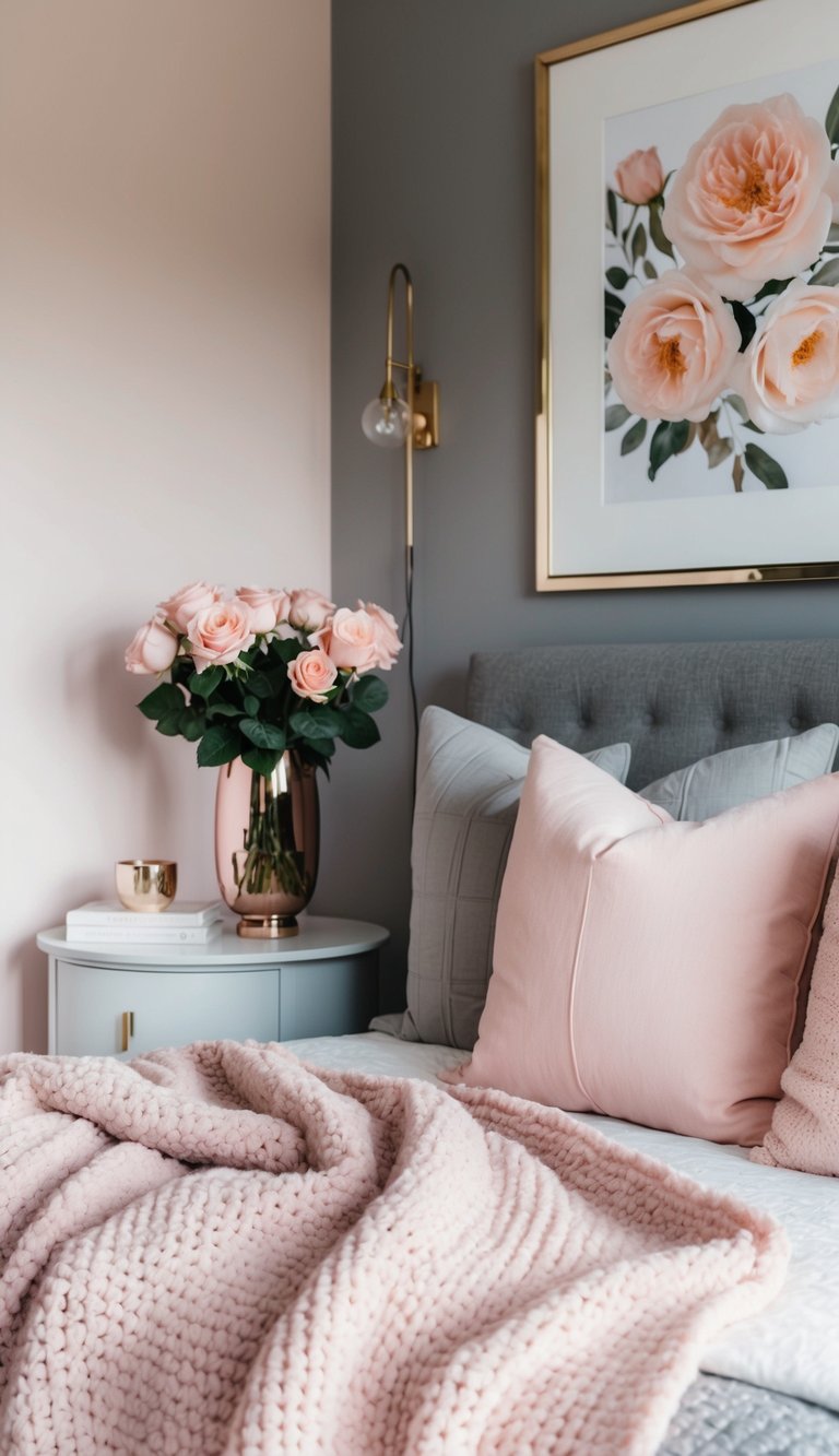 A cozy bedroom with soft pink and grey accents, including a plush throw blanket, delicate floral artwork, and a vase of blush roses