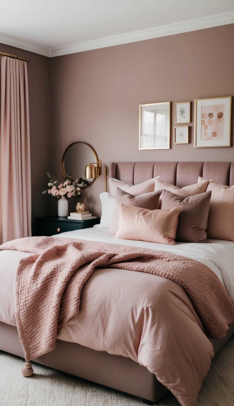 A cozy bedroom with soft mauve walls, blush pink bedding, and accents of rose gold, creating a serene and elegant retreat