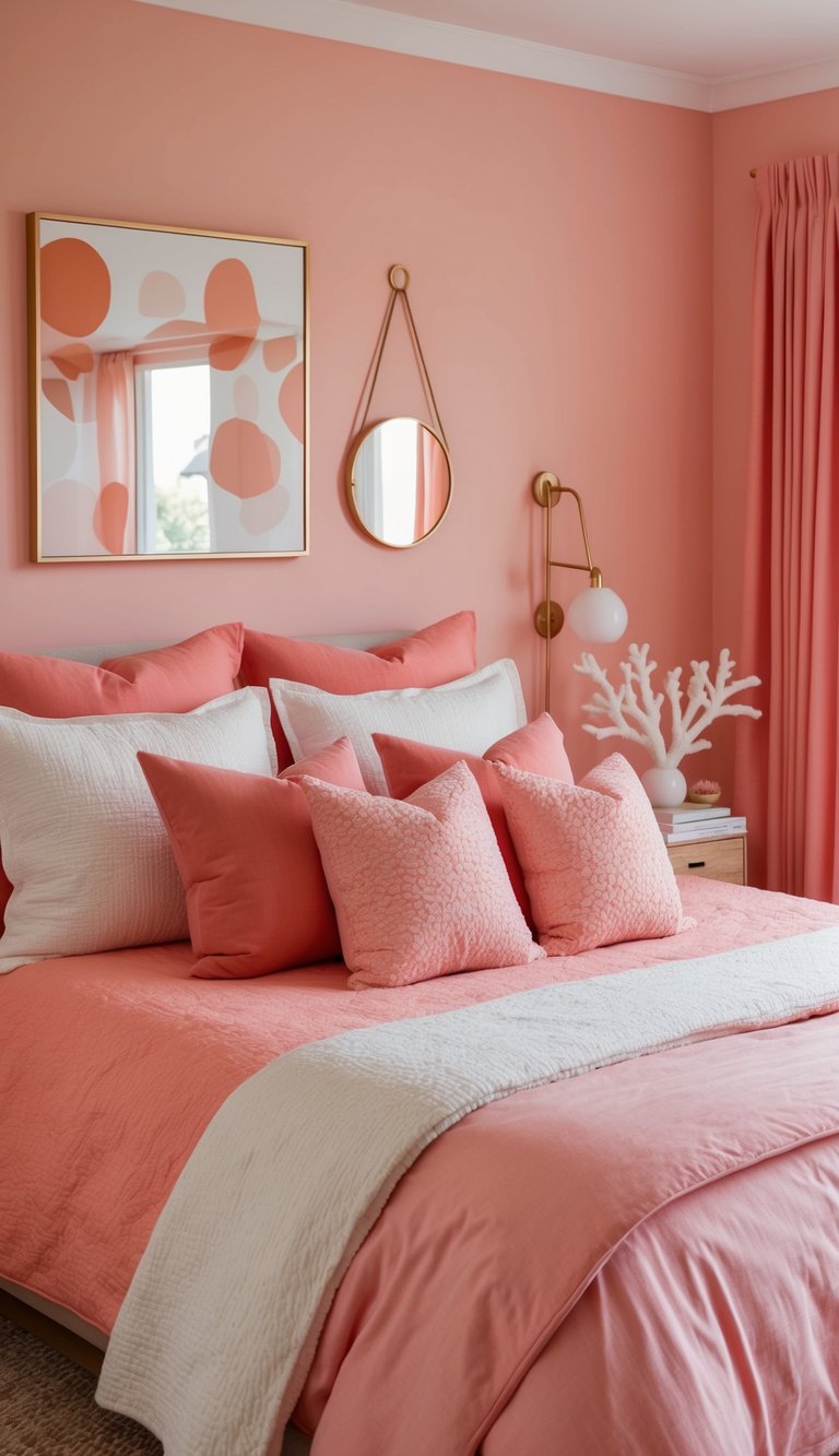 A cozy bedroom with coral and pink accents, a soft pink duvet, and throw pillows in various shades of pink. A coral-infused haven with a serene and inviting atmosphere