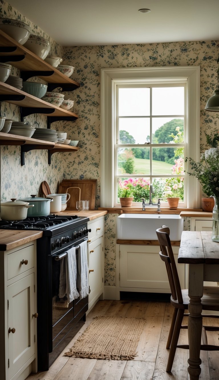 A cozy cottage kitchen with floral wallpaper, open shelving displaying vintage dishes, a rustic farmhouse table, and a window overlooking a lush garden