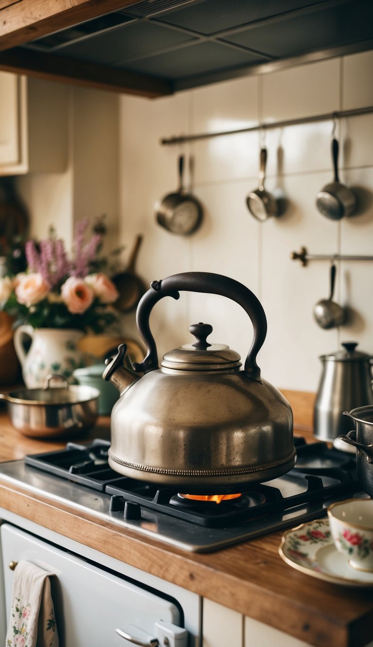 An antique tea kettle sits on a rustic wooden stove in a cozy cottage kitchen, surrounded by vintage cookware and floral accents