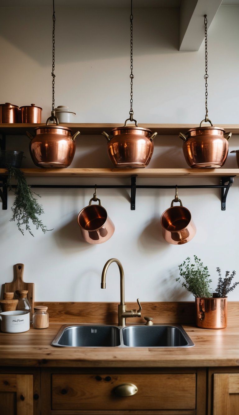 A rustic kitchen with copper hanging pots, wooden shelves, and dried herbs