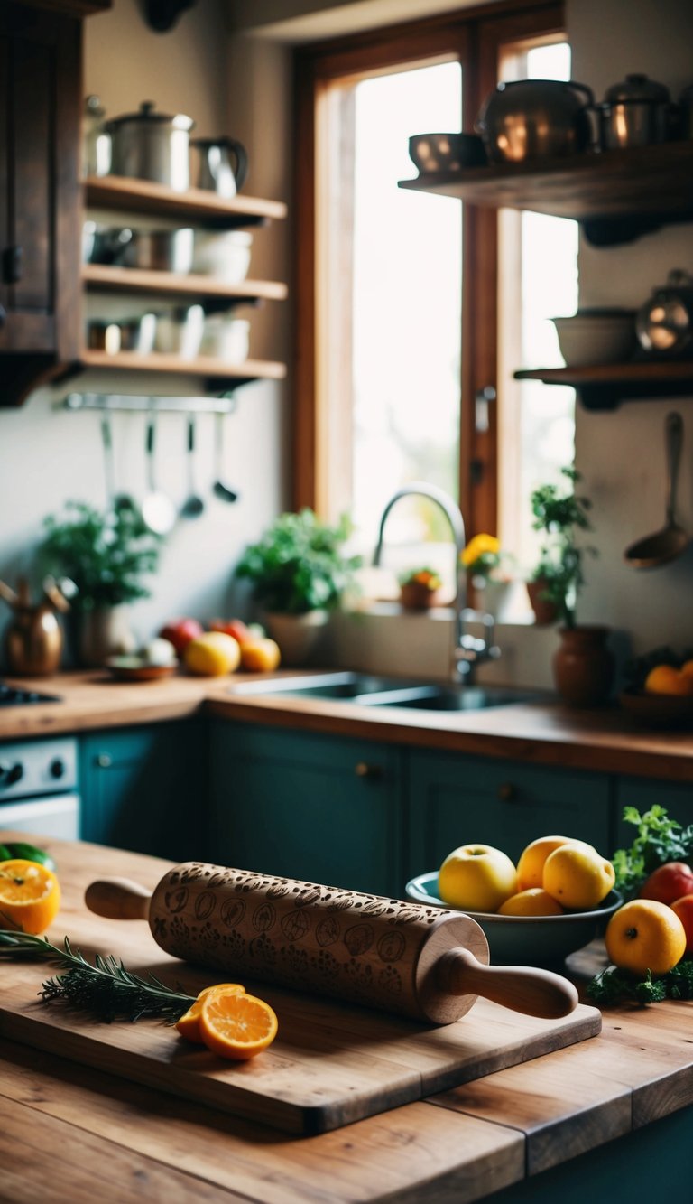 A rustic kitchen with an embossed rolling pin on a wooden countertop surrounded by vintage kitchenware and fresh produce