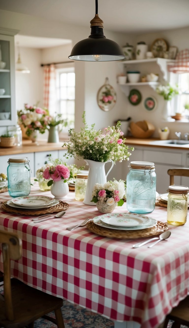 A gingham tablecloth adorns a rustic kitchen table, surrounded by vintage jars, floral plates, and cozy cottage decor