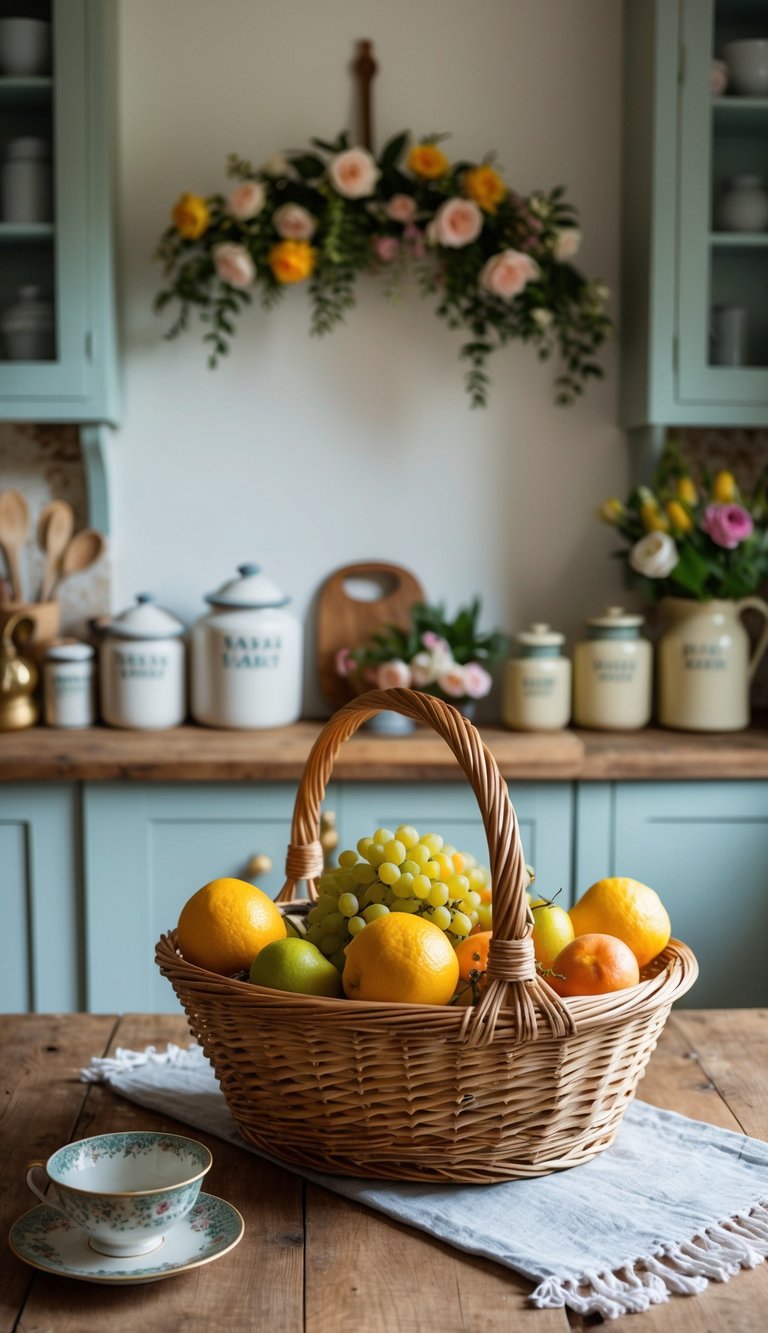 A wicker fruit basket sits on a wooden table in a cozy cottage core kitchen, surrounded by vintage jars and floral decor