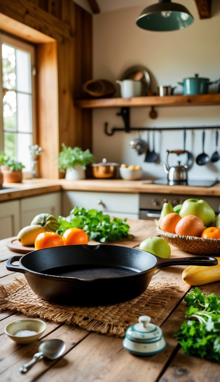 A cast iron skillet sits on a rustic wooden table surrounded by vintage kitchenware and fresh produce in a cozy cottage core kitchen