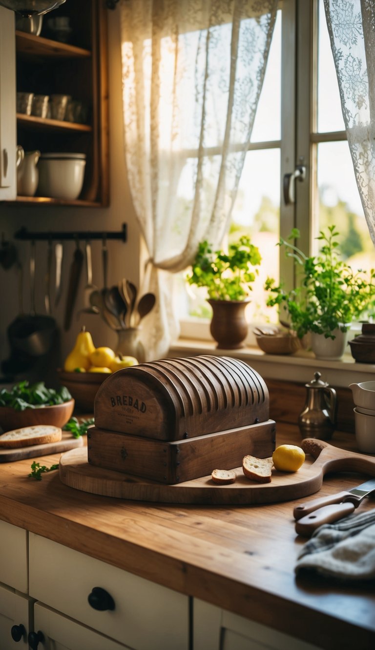 A rustic bread box sits on a wooden countertop, surrounded by vintage kitchen utensils and fresh produce. Sunlight streams through a lace curtain, casting a warm glow over the cozy cottage kitchen