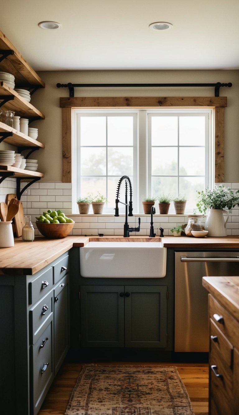 A cozy farmhouse kitchen with a large apron sink, surrounded by rustic decor and natural light