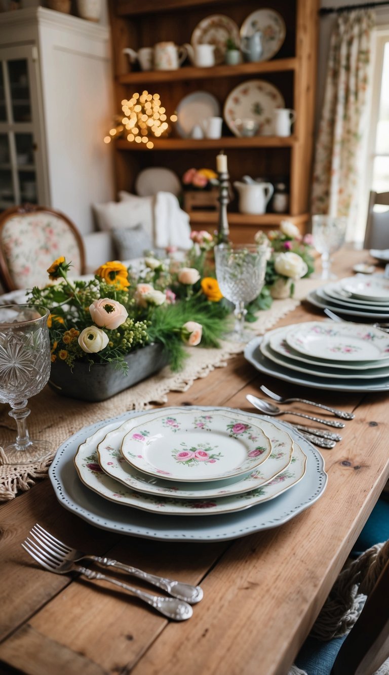 A rustic wooden table adorned with vintage floral plates and surrounded by cozy cottage core kitchen decor