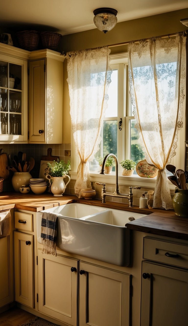 A cozy kitchen with a ceramic farmhouse sink surrounded by rustic decor and vintage kitchenware. Sunlight streams in through lace curtains, creating a warm and inviting atmosphere