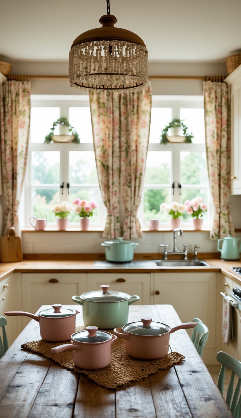 A cozy cottage kitchen with pastel cookware set on a rustic wooden table, surrounded by floral curtains and vintage decor