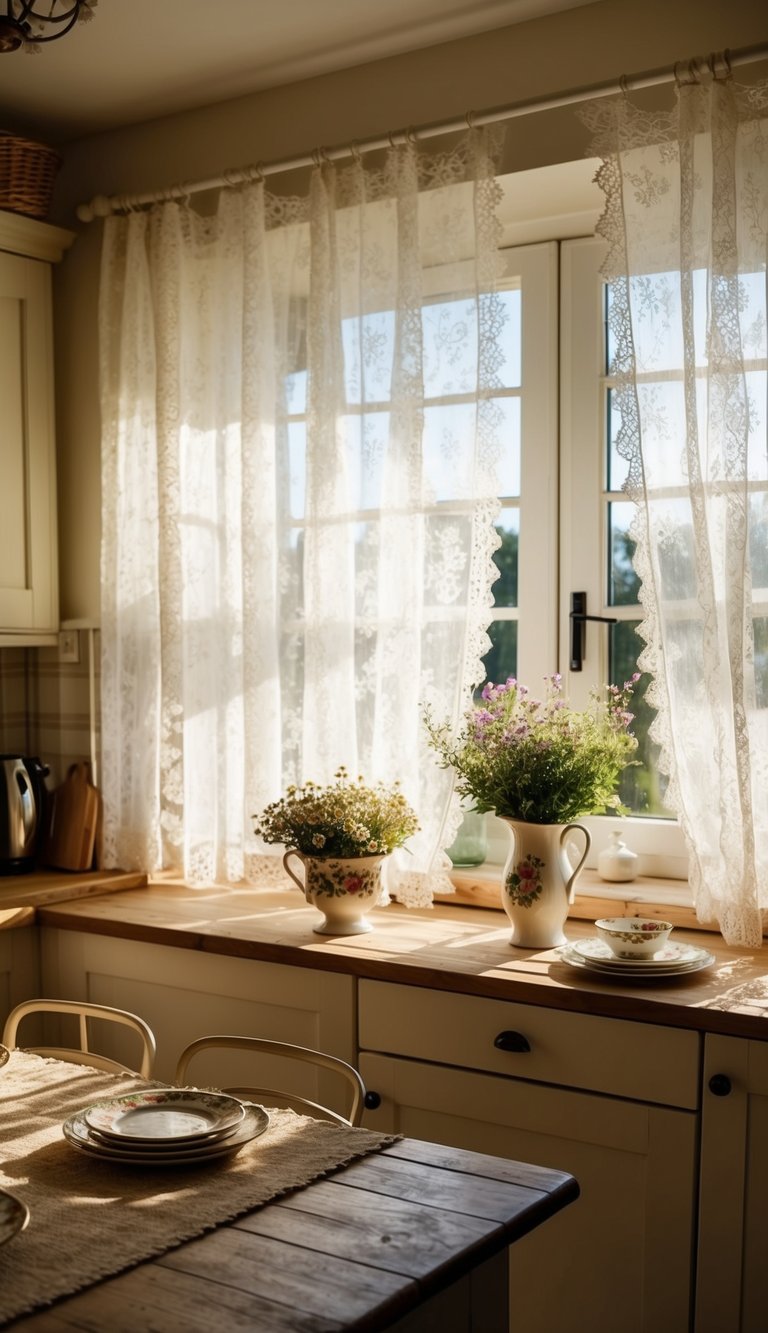 Sunlight filters through lace curtains in a cozy cottage kitchen, casting delicate patterns on a rustic wooden table and vintage floral dishes