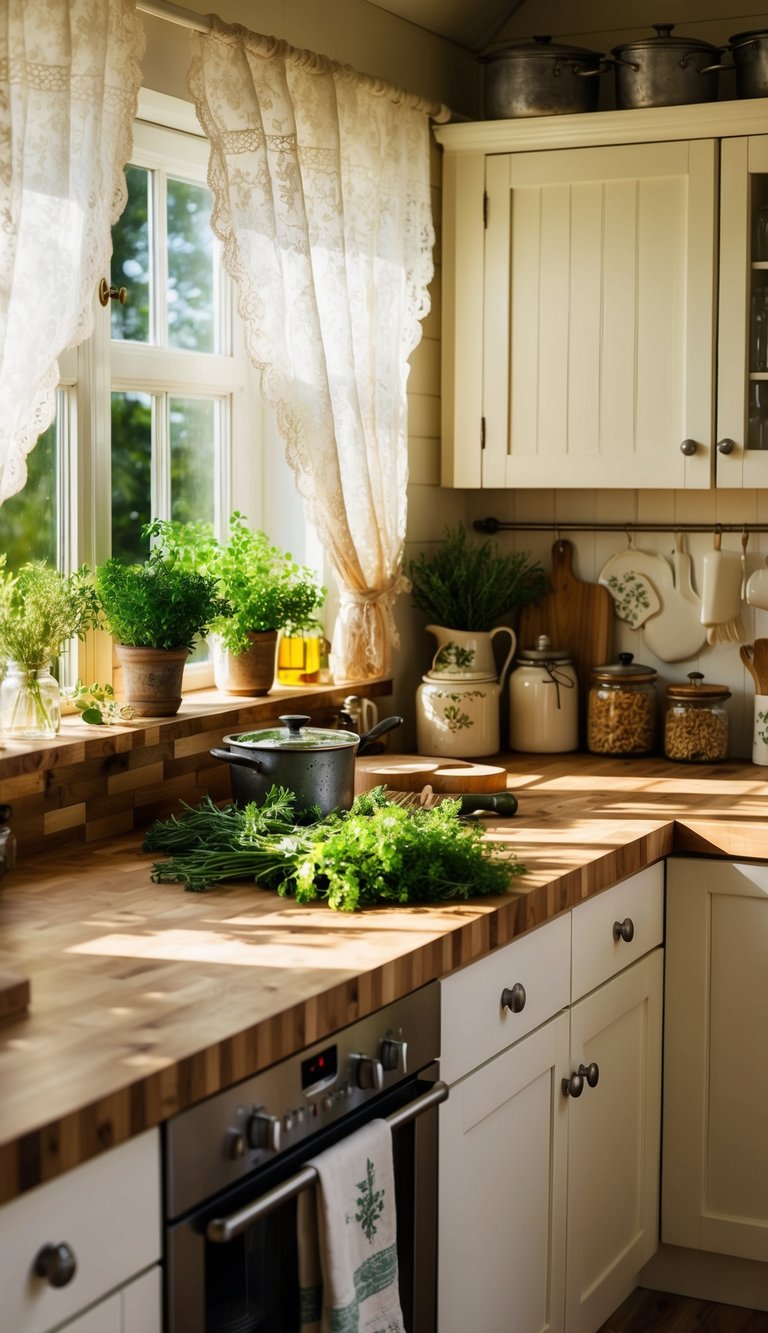 A cozy cottage kitchen with a butcher block countertop, adorned with fresh herbs, vintage jars, and rustic cookware. Sunlight streams through lace curtains, casting a warm glow on the charming space