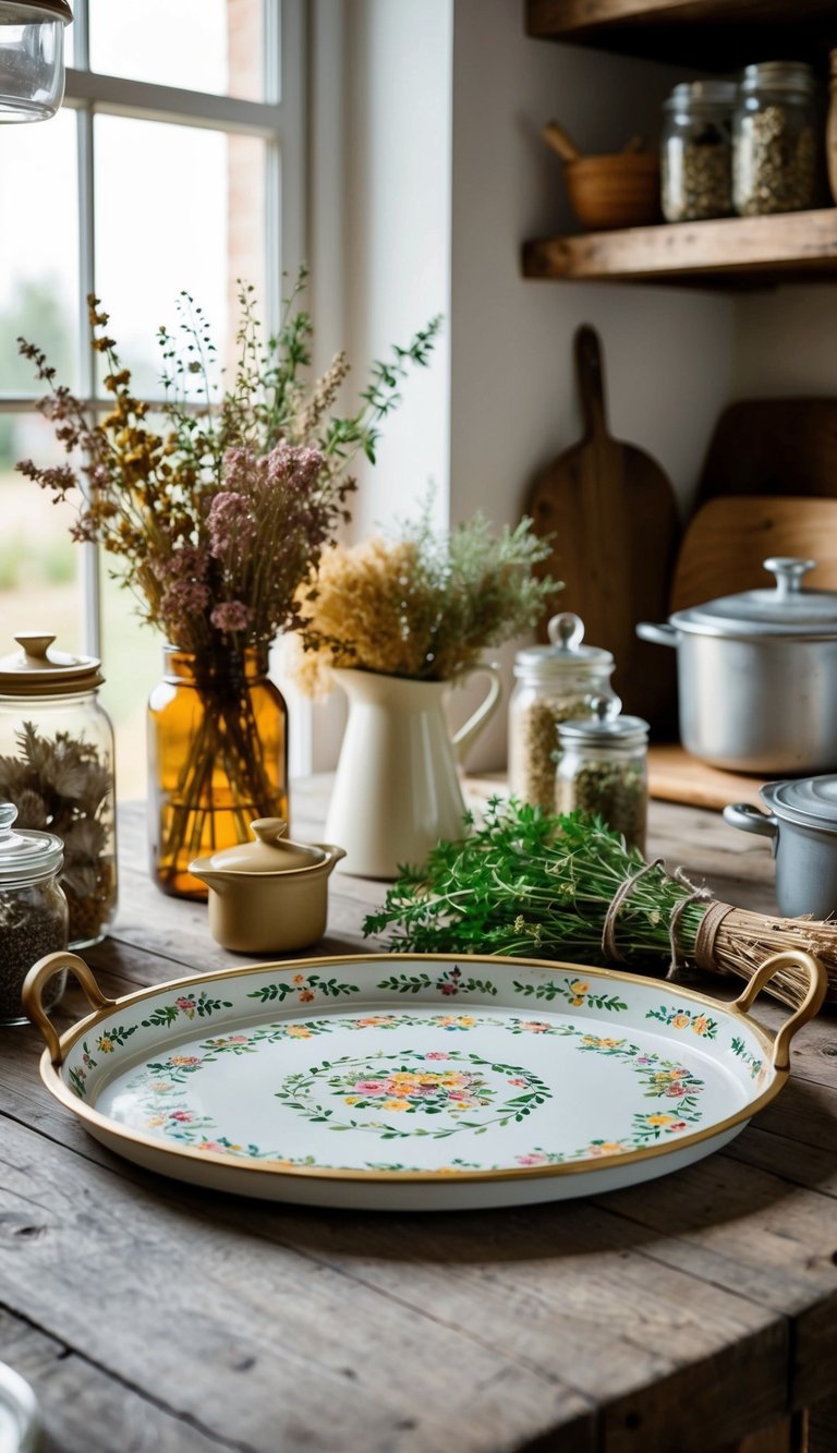 A hand-painted serving tray adorned with whimsical cottage core motifs sits on a rustic kitchen table surrounded by jars of dried flowers, vintage cookware, and a bouquet of fresh herbs