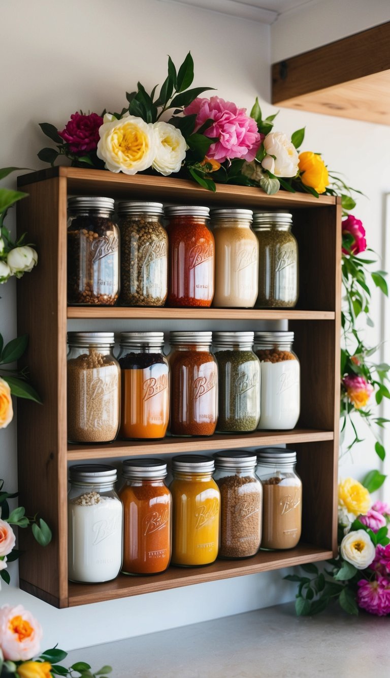 A wooden shelf with hanging mason jars filled with colorful spices, surrounded by floral kitchen decor