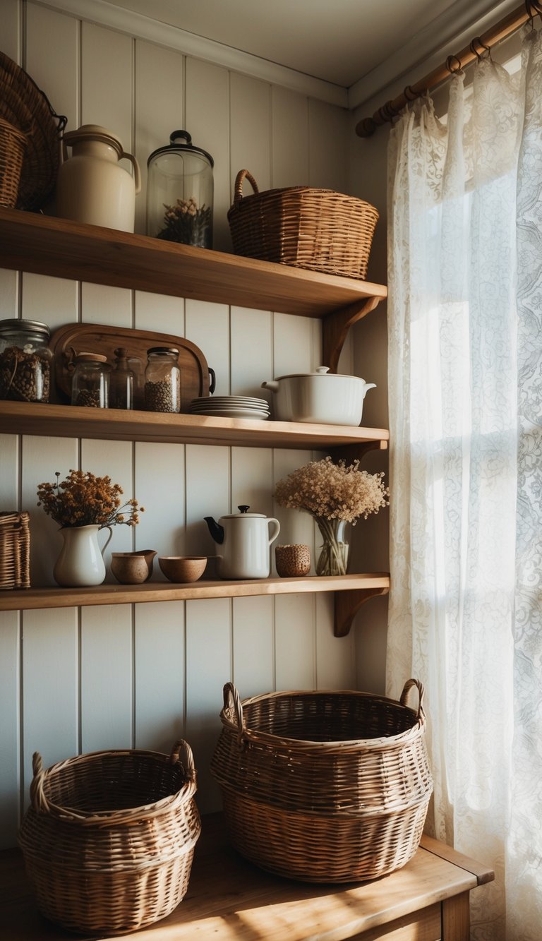 Wooden shelves filled with vintage kitchenware, dried flowers, and woven baskets. Sunlight filters through lace curtains, creating a cozy cottage core atmosphere