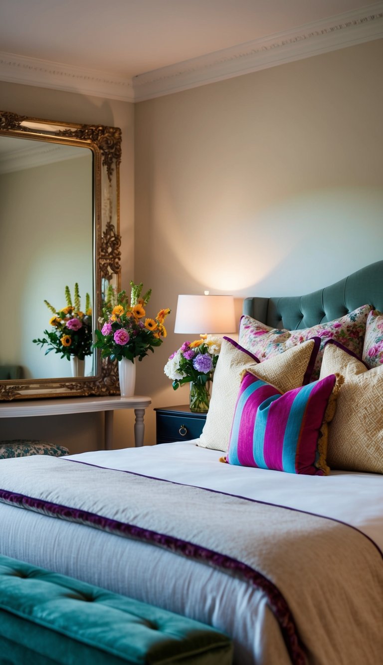 A cozy bedroom with a plush bed, soft lighting, and colorful throw pillows. A vase of fresh flowers sits on a nightstand, and a large, ornate mirror reflects the room's elegant decor