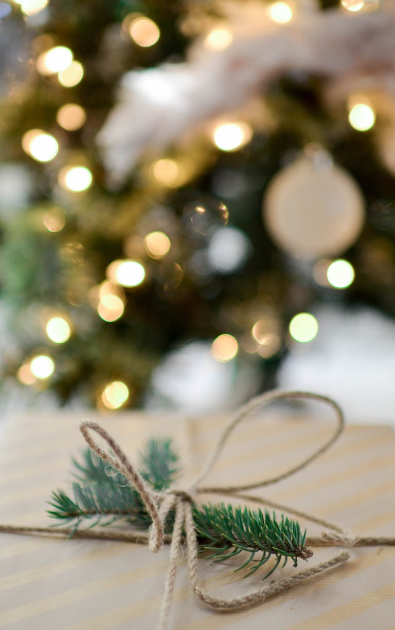 Close-up of a gift box with twine and evergreen decoration in front of a bokeh-lit Christmas tree.